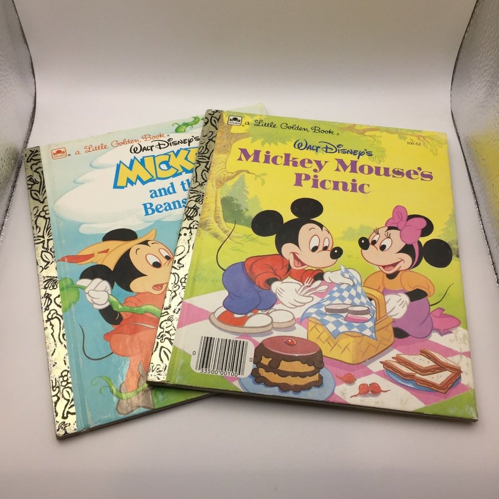 Vintage Little Golden Book Lot 2 Disney Mickey Mouse's Picnic and the Beanstalk